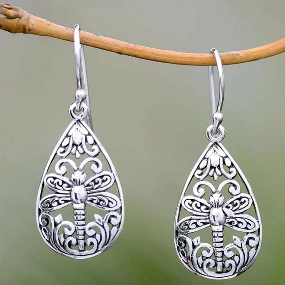 Silver Boho Teardrop Dragonfly Drop Earrings - Picture 2 of 4